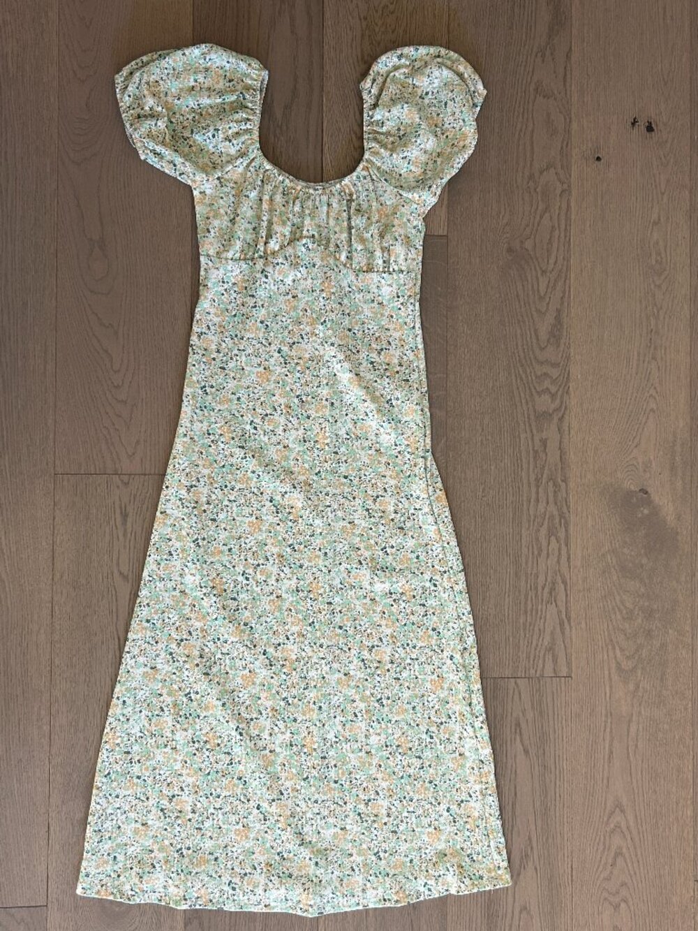 Primark Floral Dress Puff Sleeve Cottagecore Green Yellow Midi Dress Womens, XS